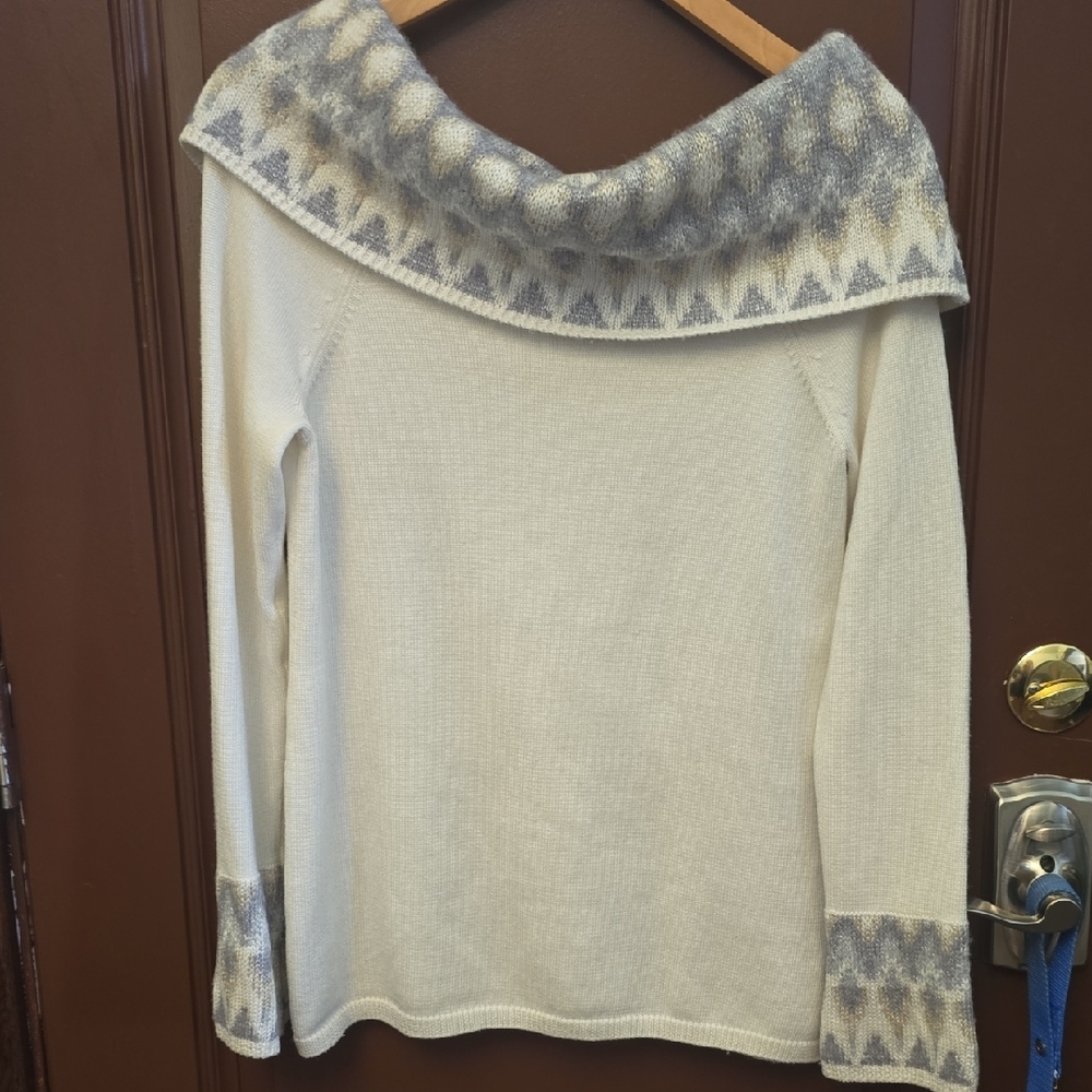 Elegant Off-Shoulder Sweater with Patterned Trim